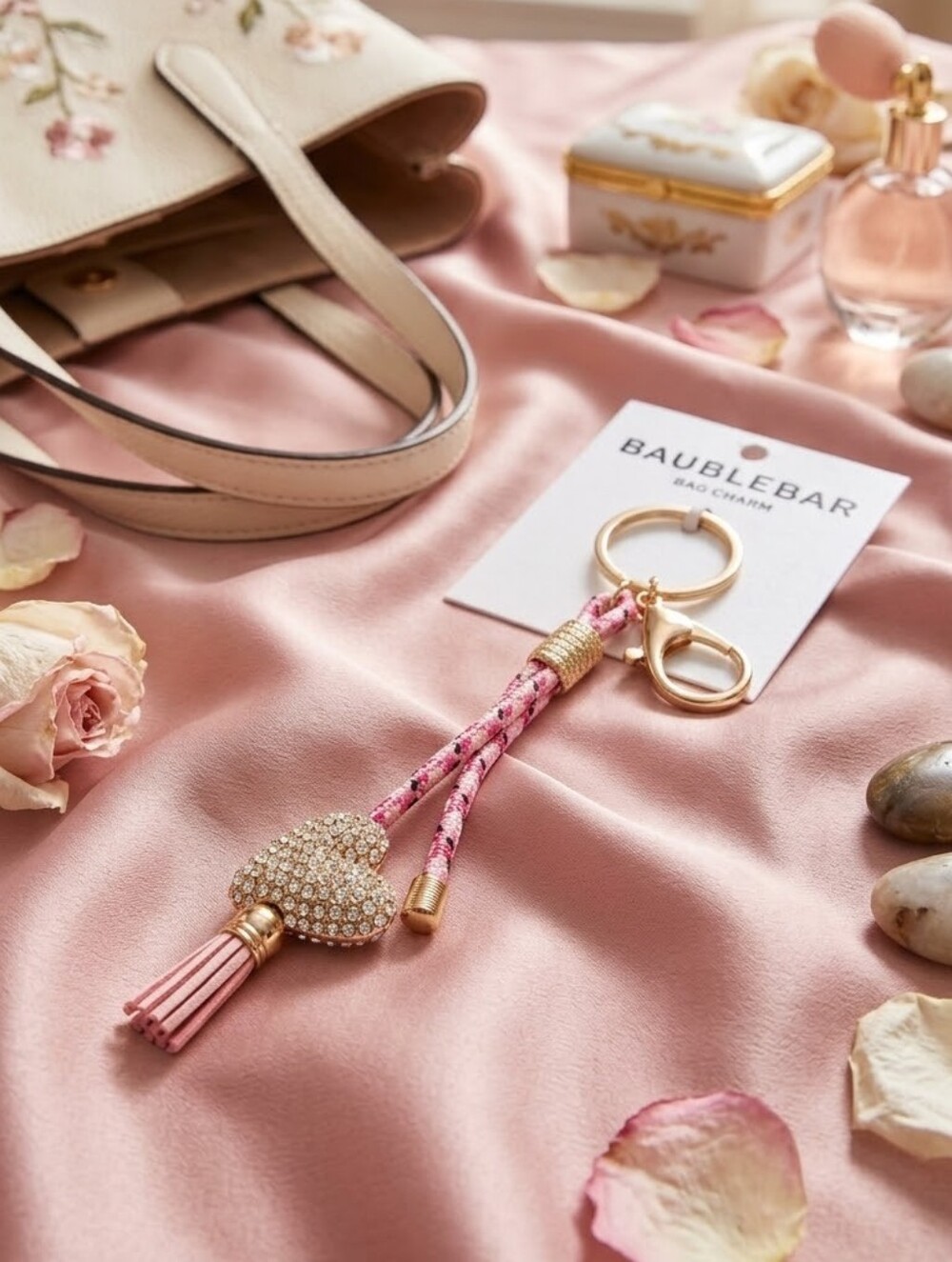 Baublebar Rhinestone Heart Pendant Pink Paracord Purse Charm Keychain NWT
